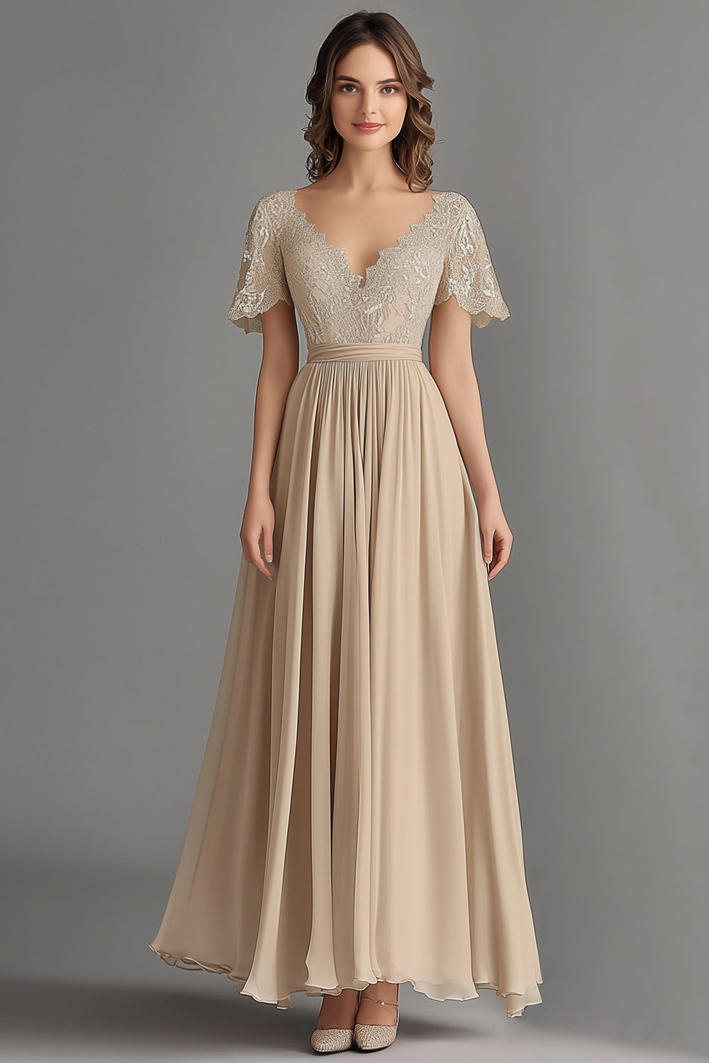 V-Neck Champagne A-Line Chiffon Embroidered Mother of the Bride Dress