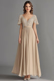 V-Neck Champagne A-Line Chiffon Embroidered Mother of the Bride Dress