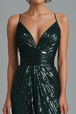 Dark Green Spaghetti Straps V-Neck Sequined Maxi Formal Dress