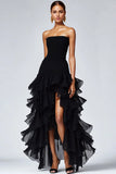 Leely Women Black Formal Dress With Slit Strapless Tulle Tiered Ruffles Black Tie Dress