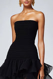 Strapless Black Tulle Tiered Ruffles Formal Dress with Slit