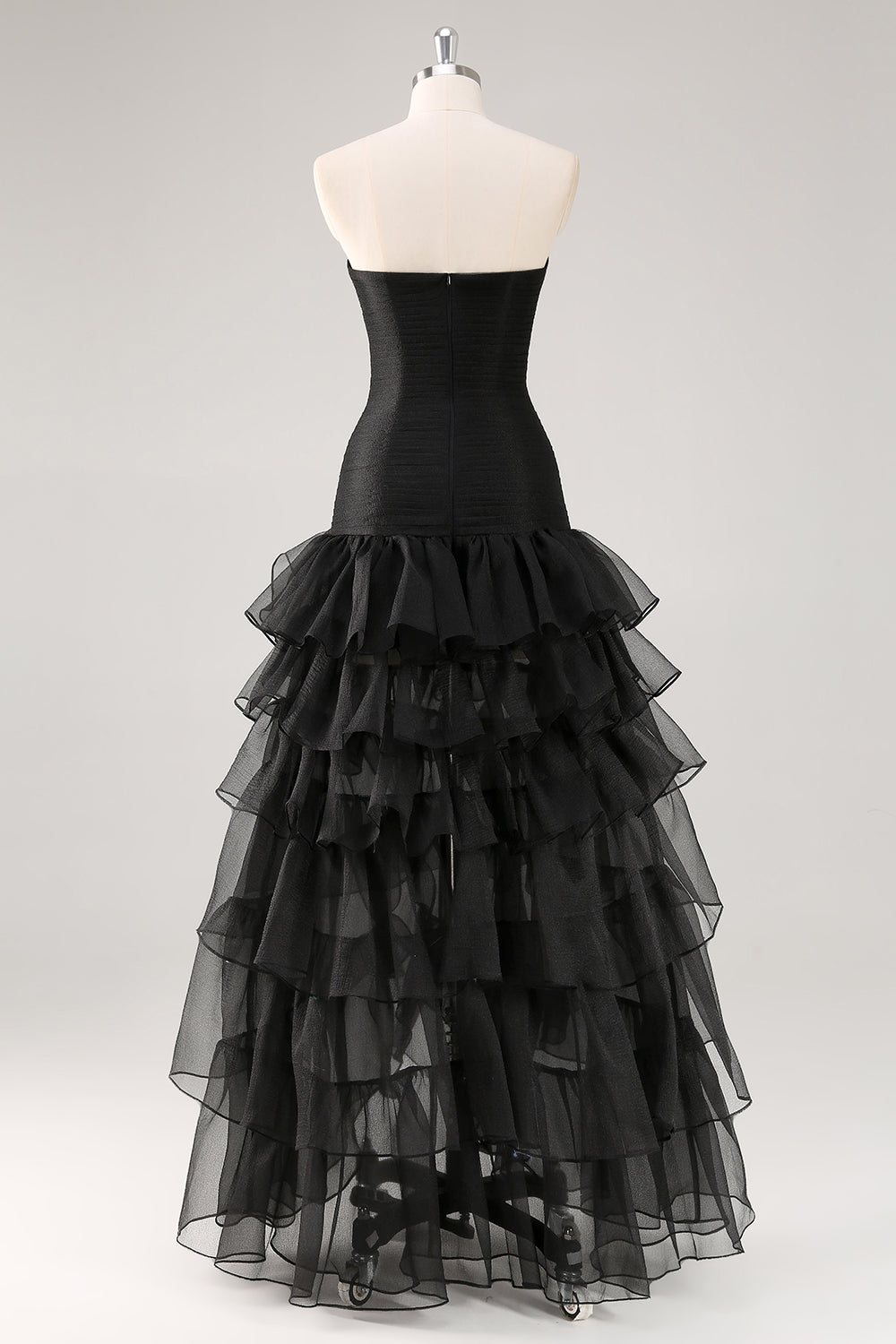 Strapless Black Tulle Tiered Ruffles Formal Dress with Slit