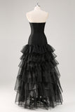 Strapless Black Tulle Tiered Ruffles Formal Dress with Slit