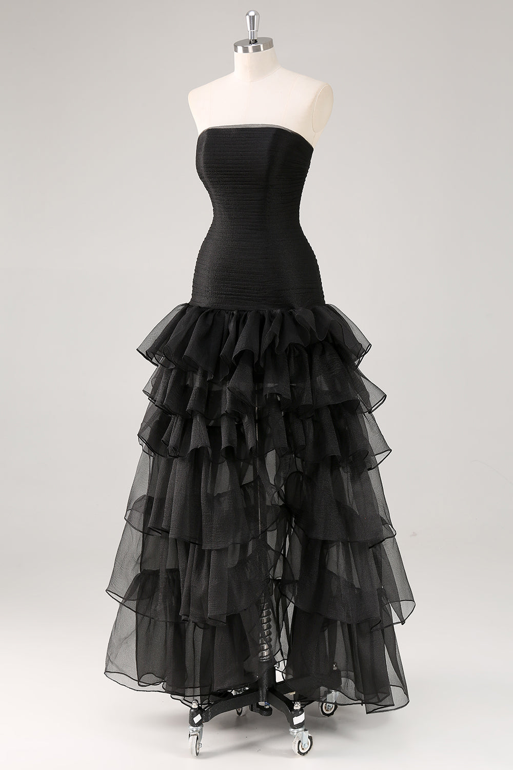 Strapless Black Tulle Tiered Ruffles Formal Dress with Slit