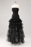 Strapless Black Tulle Tiered Ruffles Formal Dress with Slit