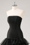 Strapless Black Tulle Tiered Ruffles Formal Dress with Slit