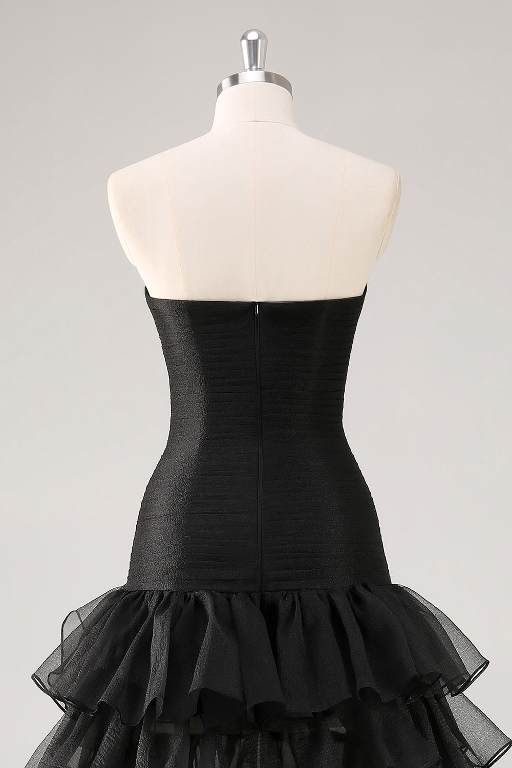 Strapless Black Tulle Tiered Ruffles Formal Dress with Slit