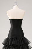Strapless Black Tulle Tiered Ruffles Formal Dress with Slit
