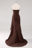 Strapless Dark Brown Sweetheart Ruched Sheath Formal Dress