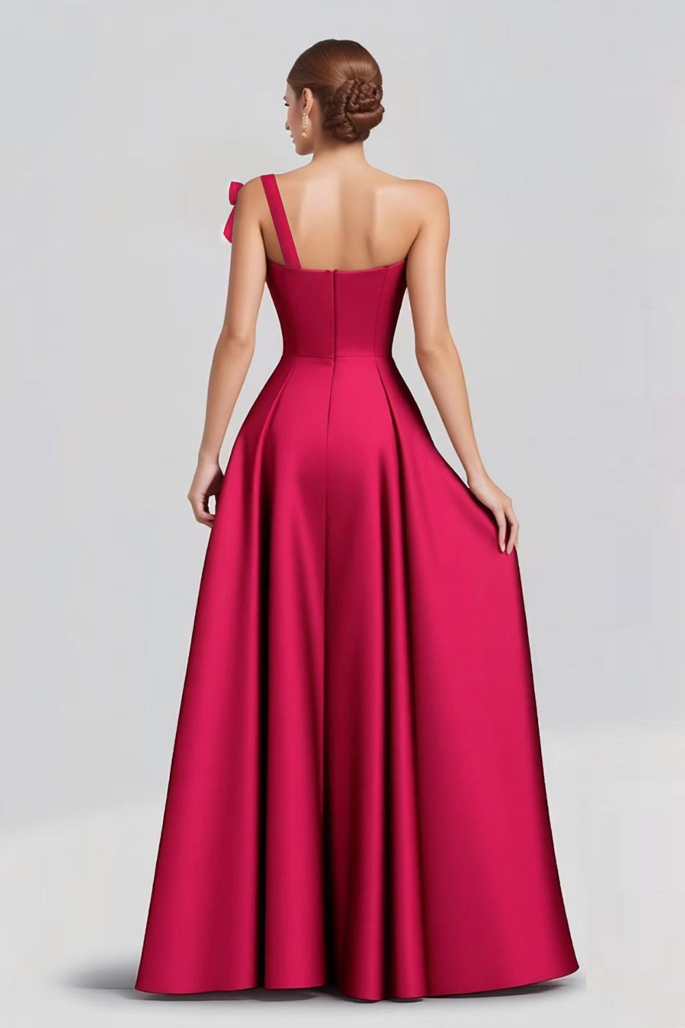 Fuchsia Ball Gown One shoulder Satin Formal Dress with Bow