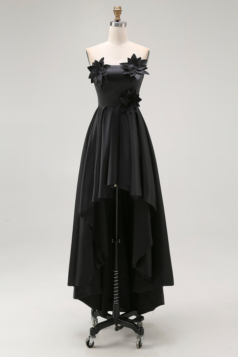 A-Line Black High Low Applique Satin Formal Dress