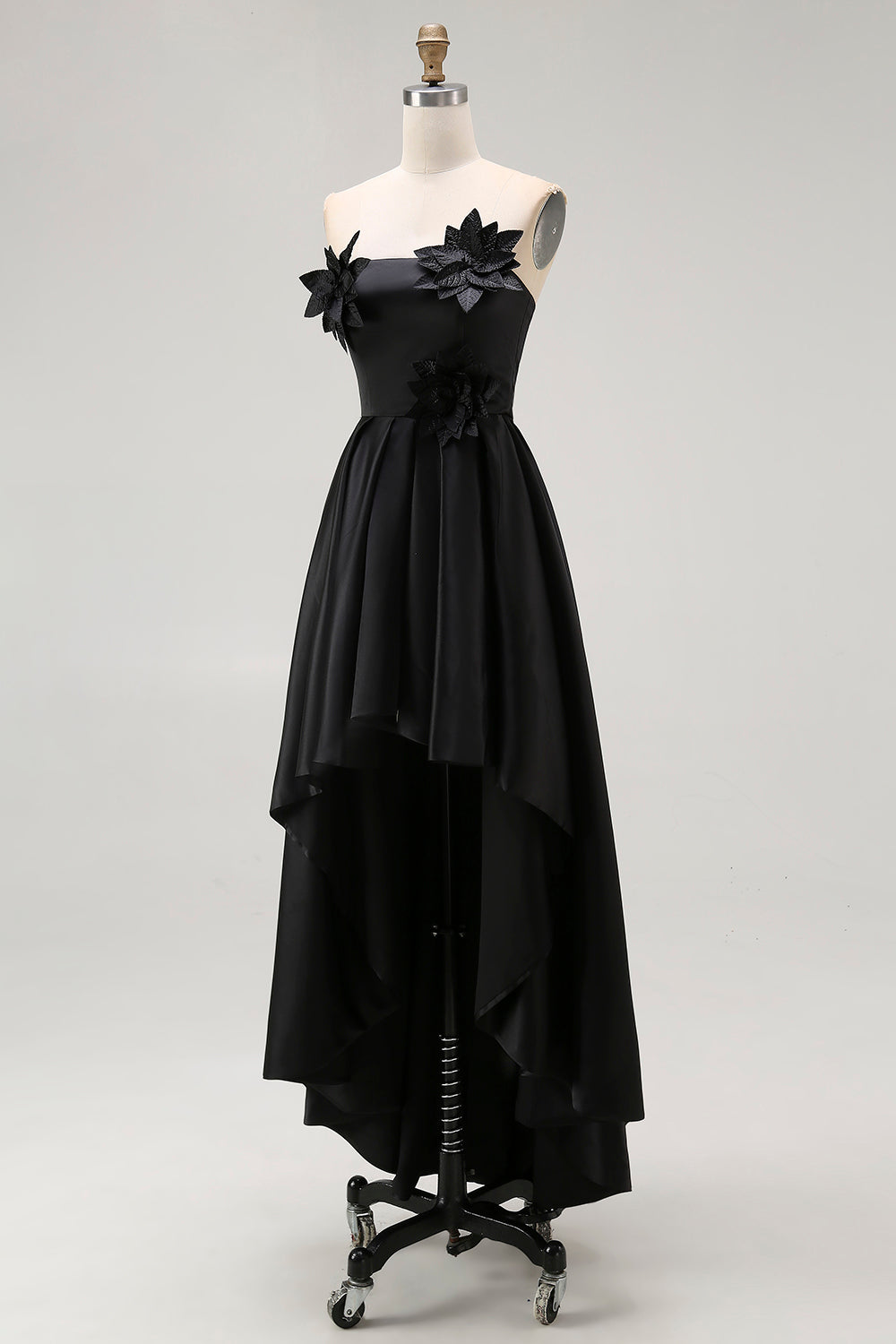 A-Line Black High Low Satin Applique Formal Dress