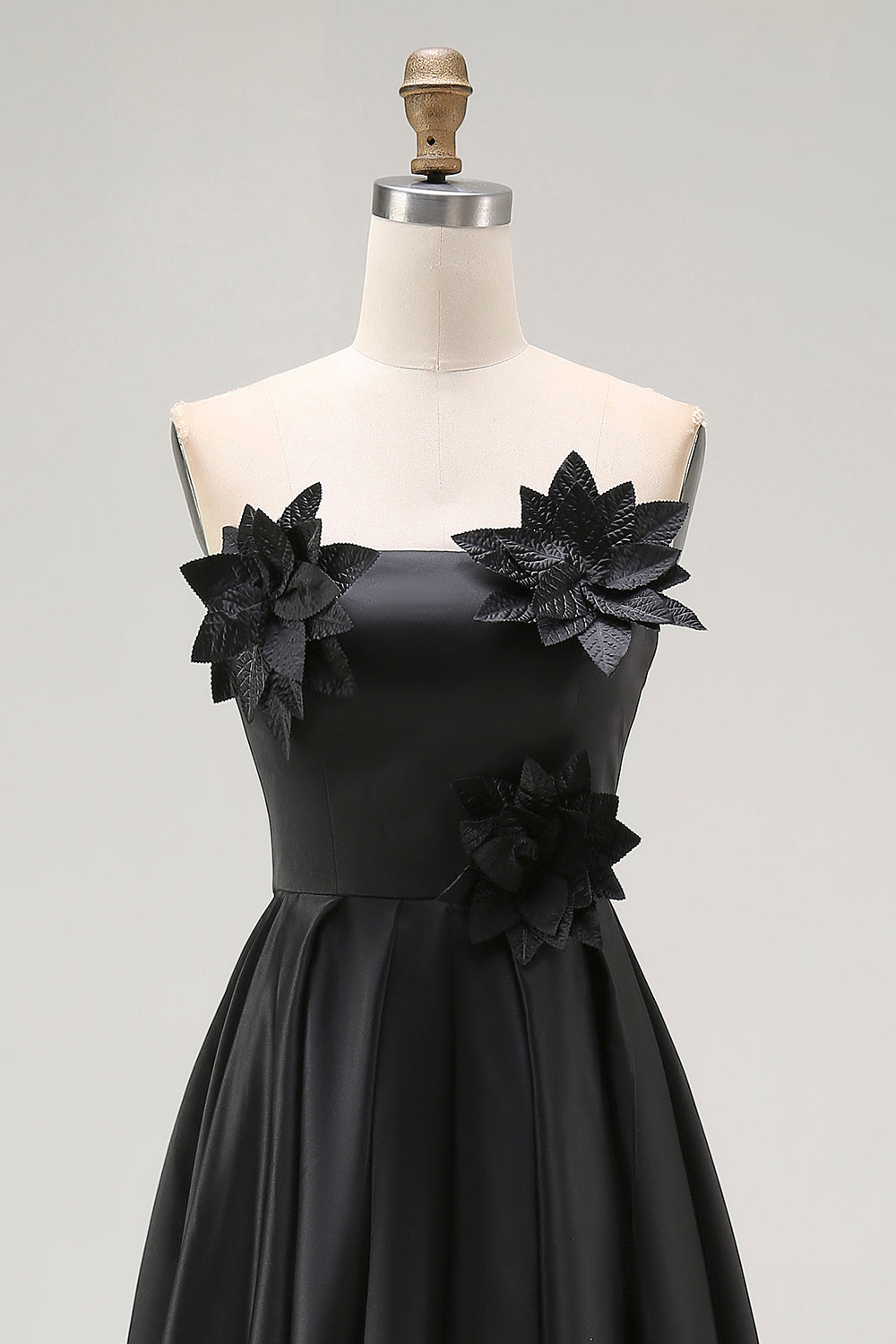 A-Line Black High Low Satin Applique Formal Dress
