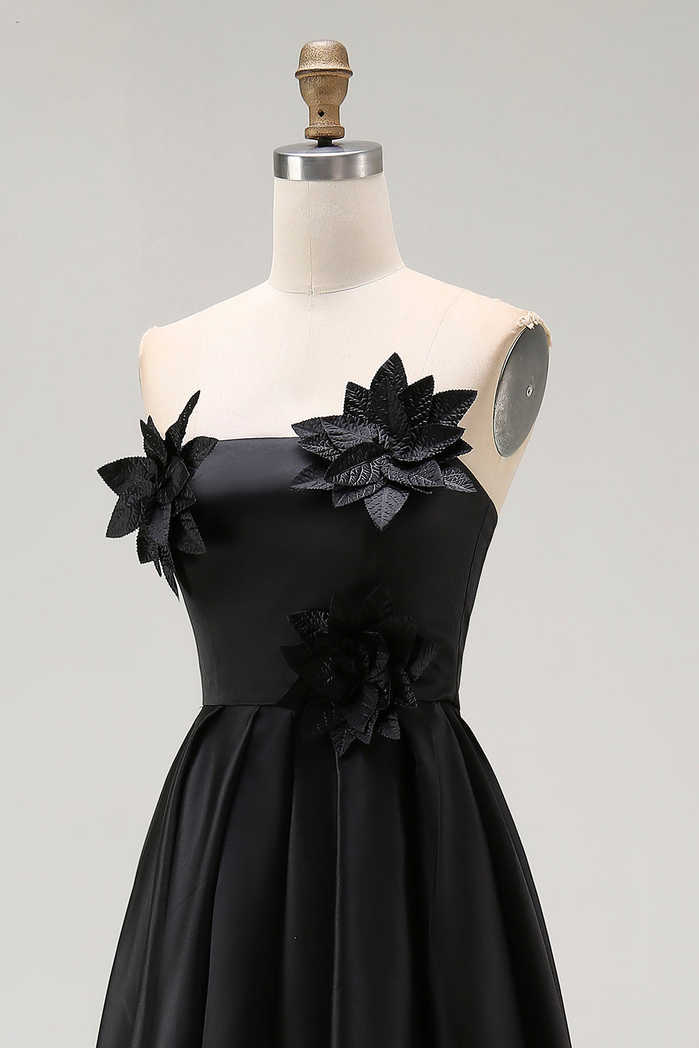 A-Line Black High Low Satin Applique Formal Dress