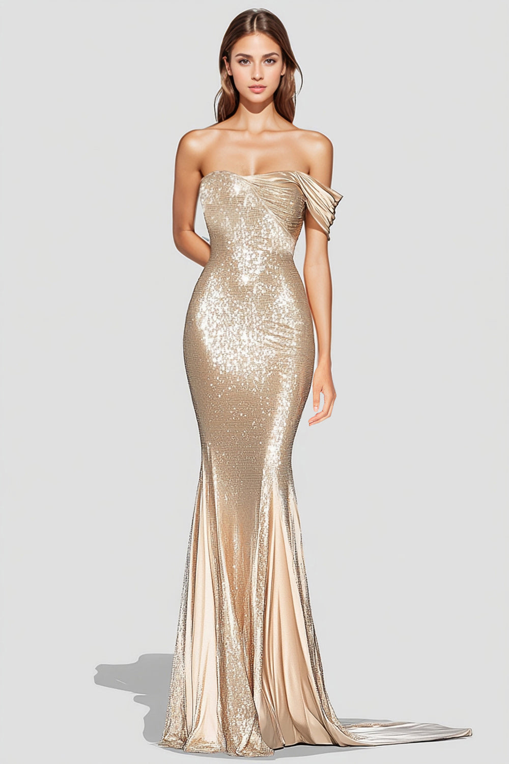 Sparkly Champagne Sequined Mermaid Formal Dress