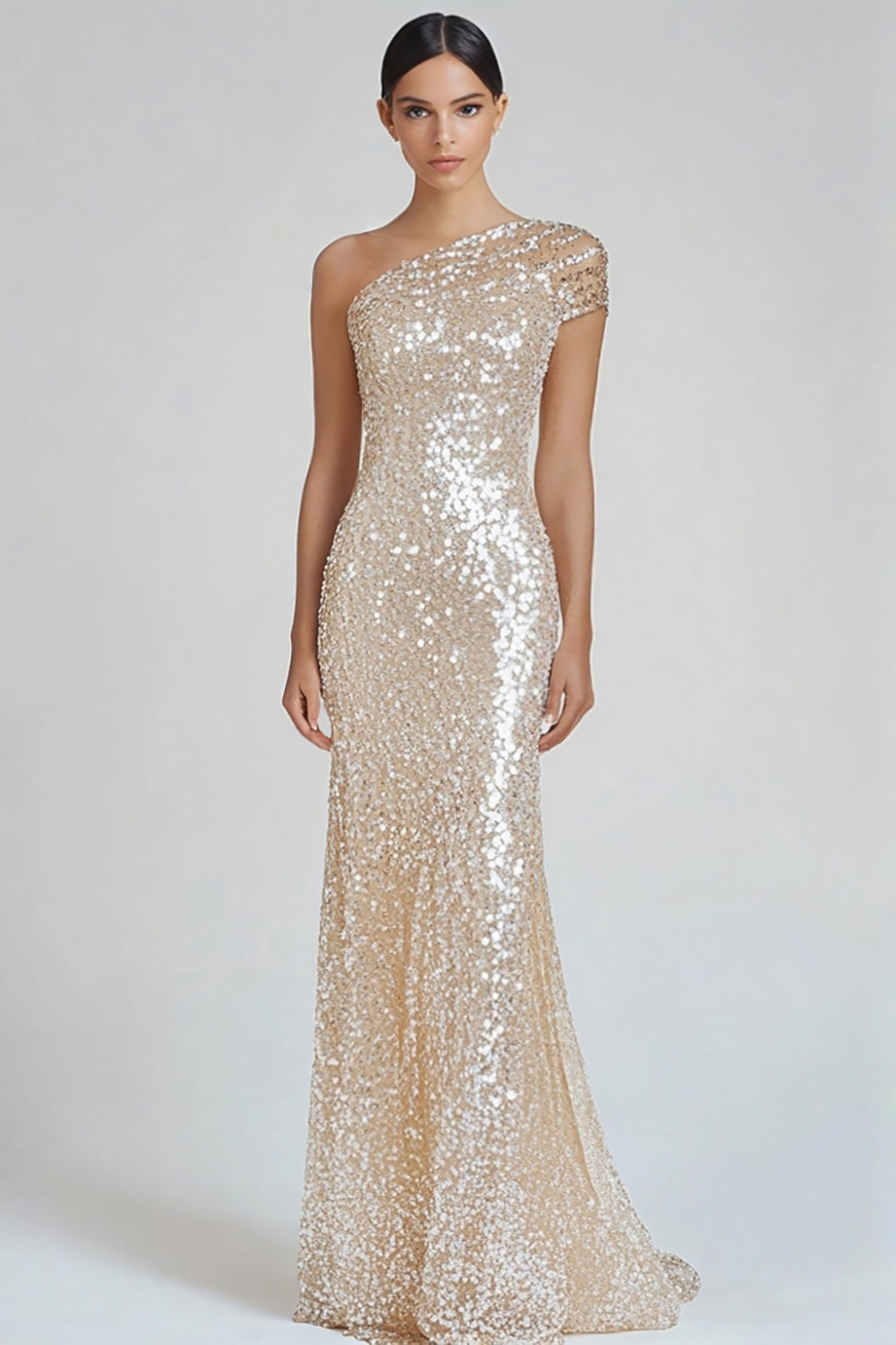 Leely Women Champagne Sequined Mermaid Formal Dress One Shoulder Floor Length Evening Dress