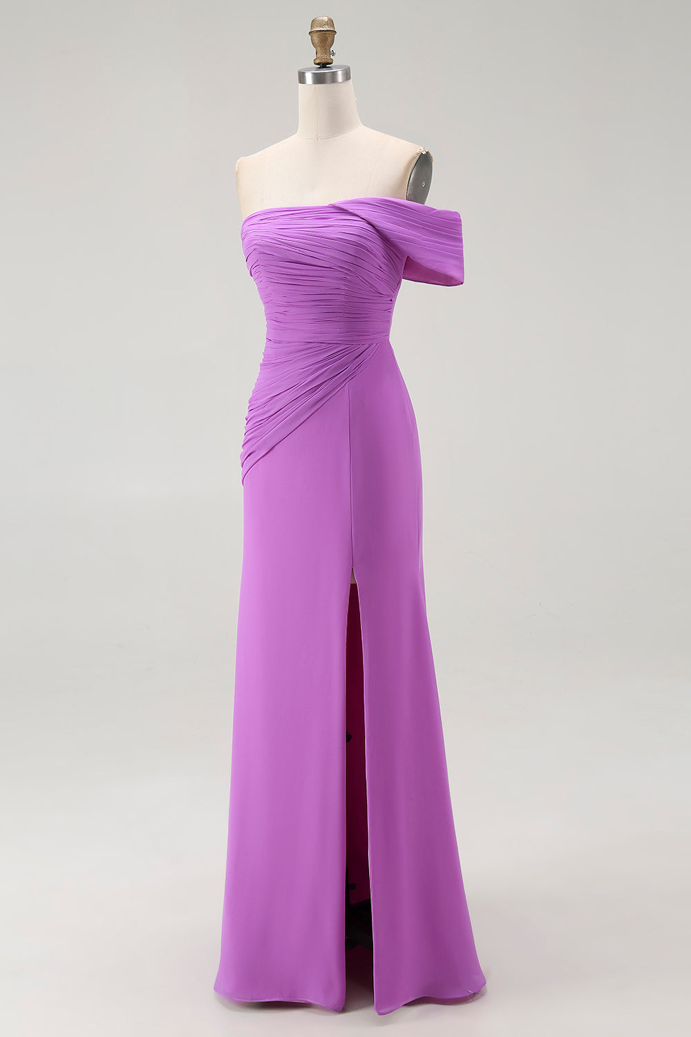 Purple Ruched Sheath Chiffon Formal Dress with Slit