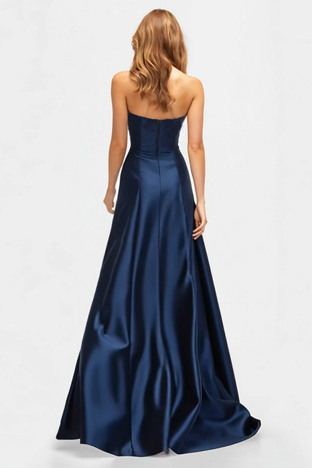 Navy Sweetheart Satin Beaded A Line Formal Dress with Slit