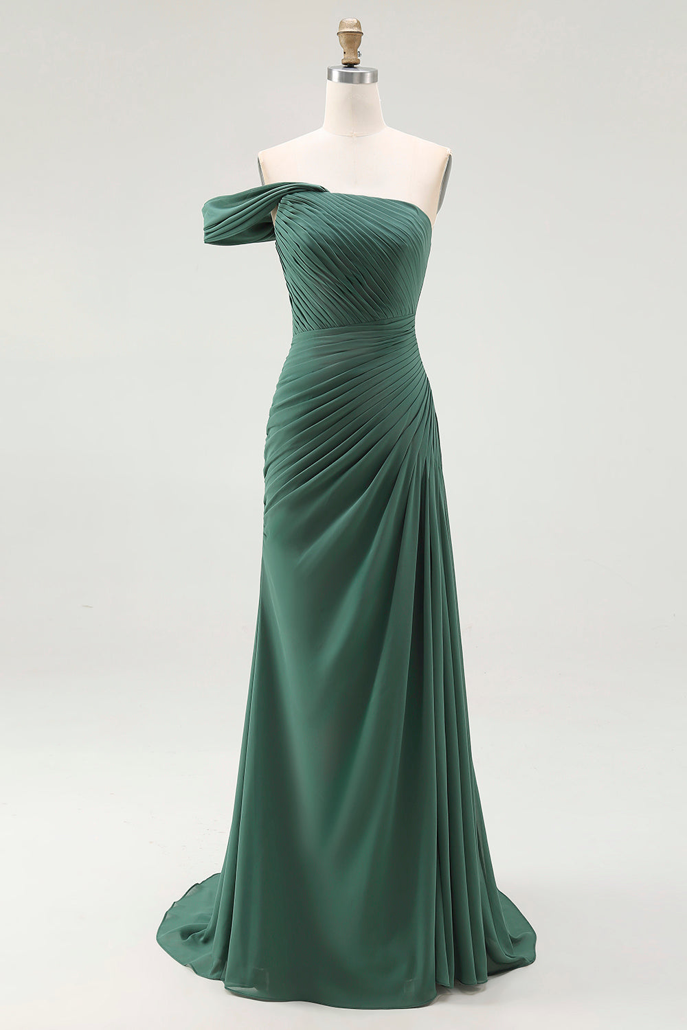 One Shoulder Dark Green Pleated Sheath Maxi Formal Dress