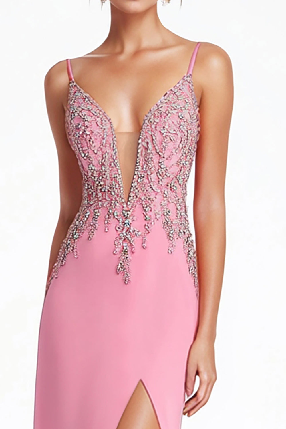 Pink Beaded Chiffon Floor Length Formal Dress with Slit