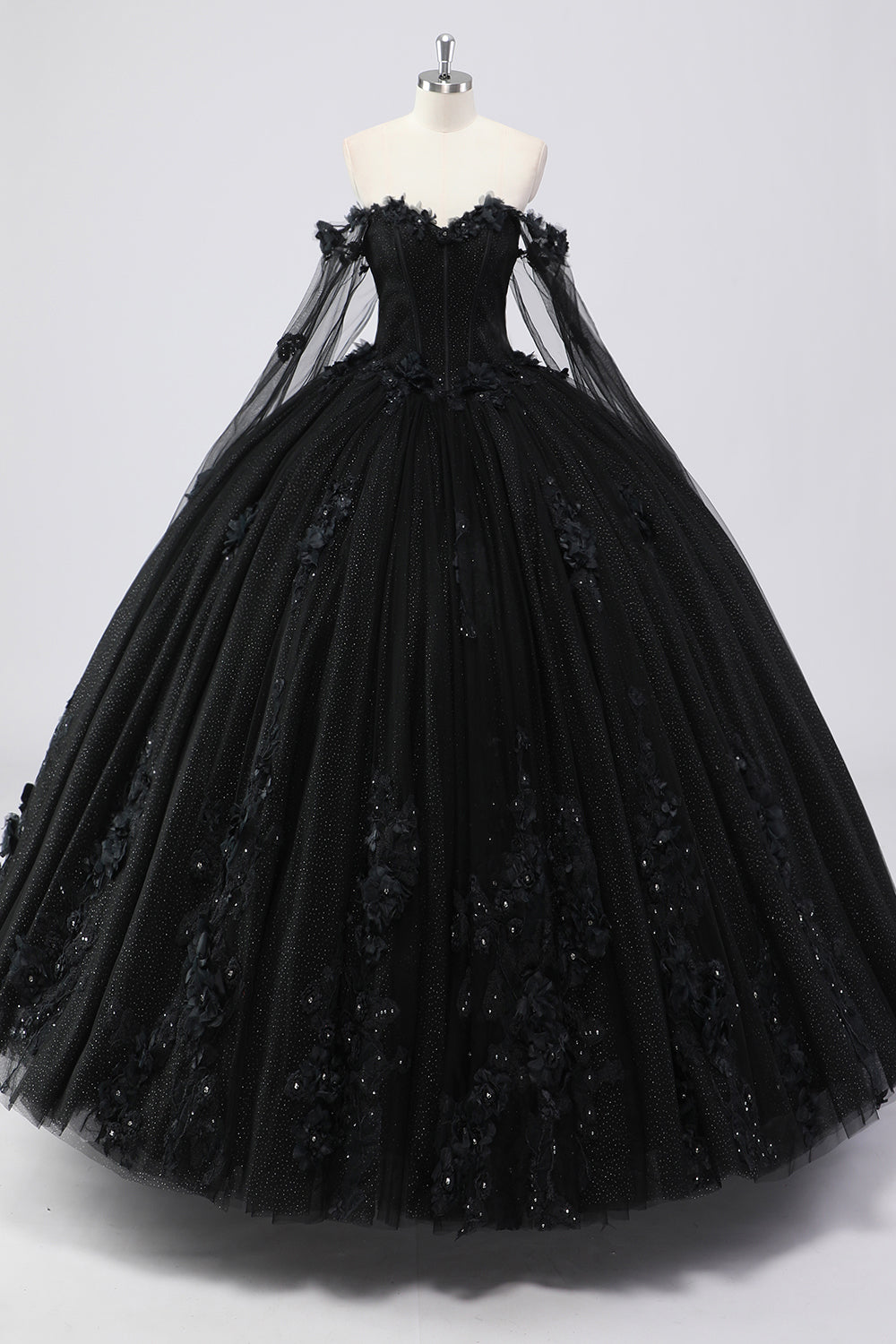 Glitter Black Ball Gown Corset Sweetheart 3D Flowers Quinceañera Dress