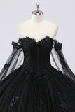 Glitter Black Ball Gown Corset Sweetheart 3D Flowers Quinceañera Dress