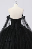 Glitter Black Ball Gown Corset Sweetheart 3D Flowers Quinceañera Dress