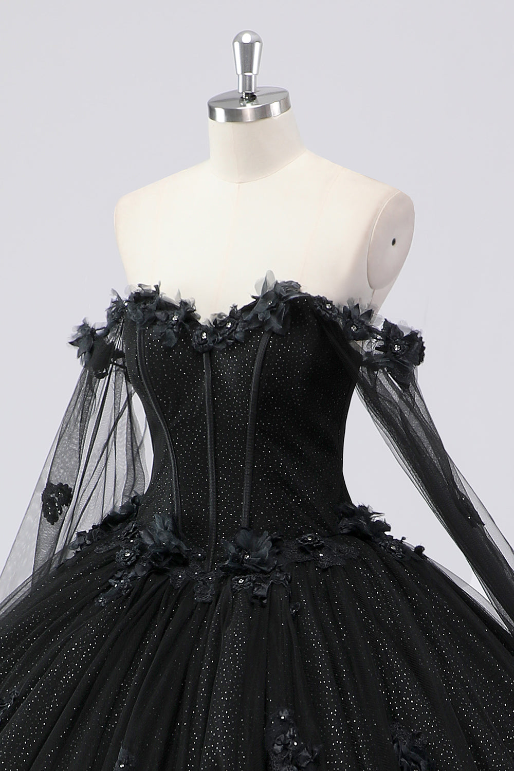Glitter Black Ball Gown Corset Sweetheart 3D Flowers Quinceañera Dress