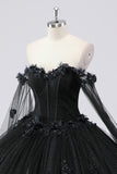 Glitter Black Ball Gown Corset Sweetheart 3D Flowers Quinceañera Dress