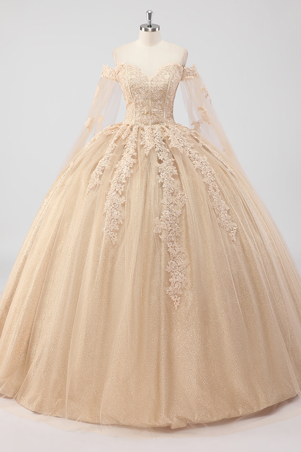 Princess Champagne Off the Shoulder Tulle Quinceañera Dress with Appliques