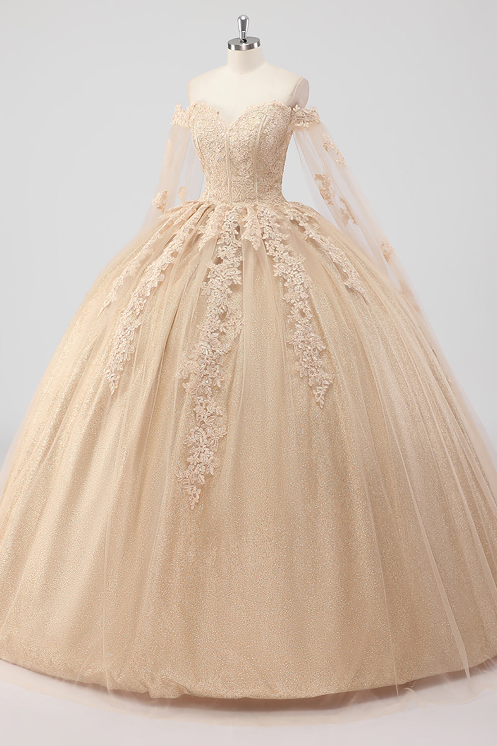 Princess Champagne Off the Shoulder Tulle Quinceañera Dress with Appliques