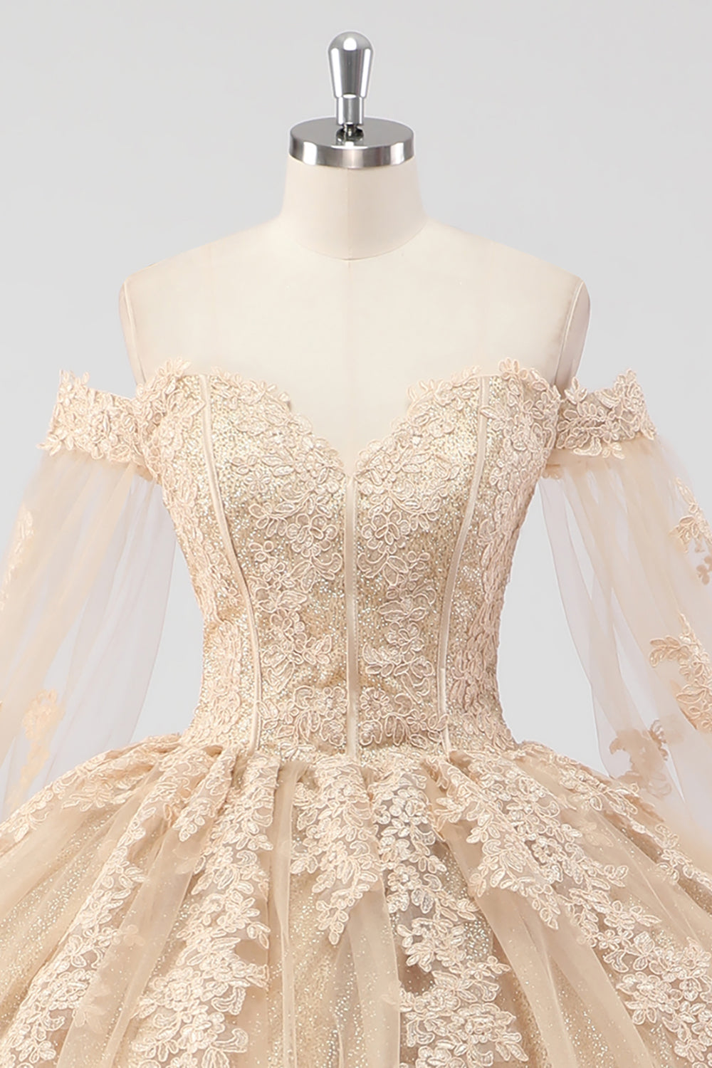 Princess Champagne Off the Shoulder Tulle Quinceañera Dress with Appliques