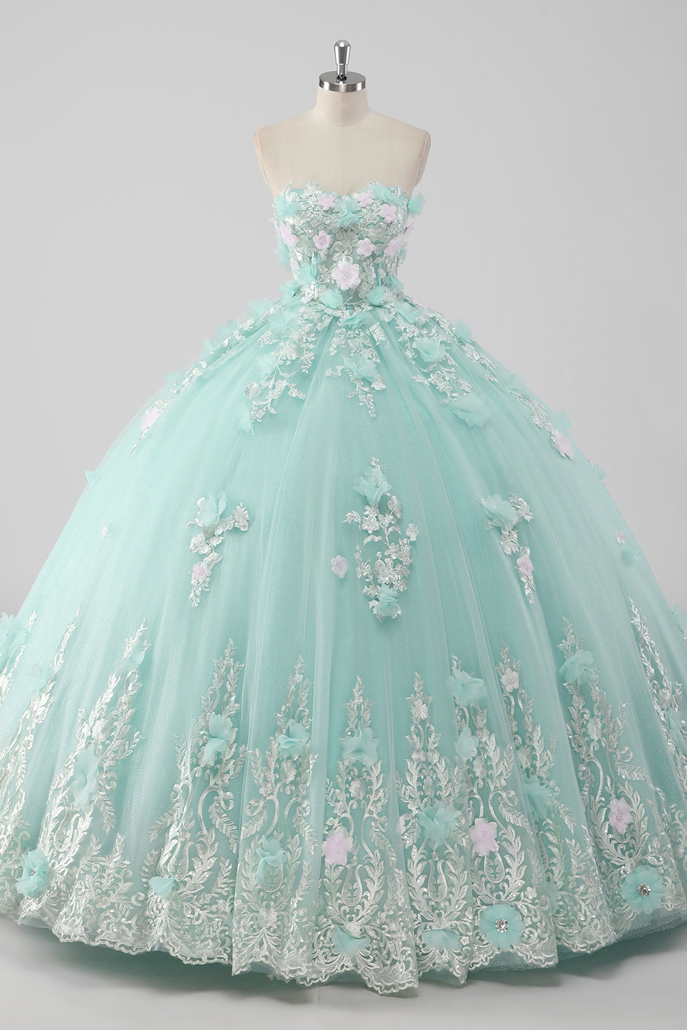 Princess Mint Ball Gown Strapless Tulle Quinceañera Dress with 3D Flowers