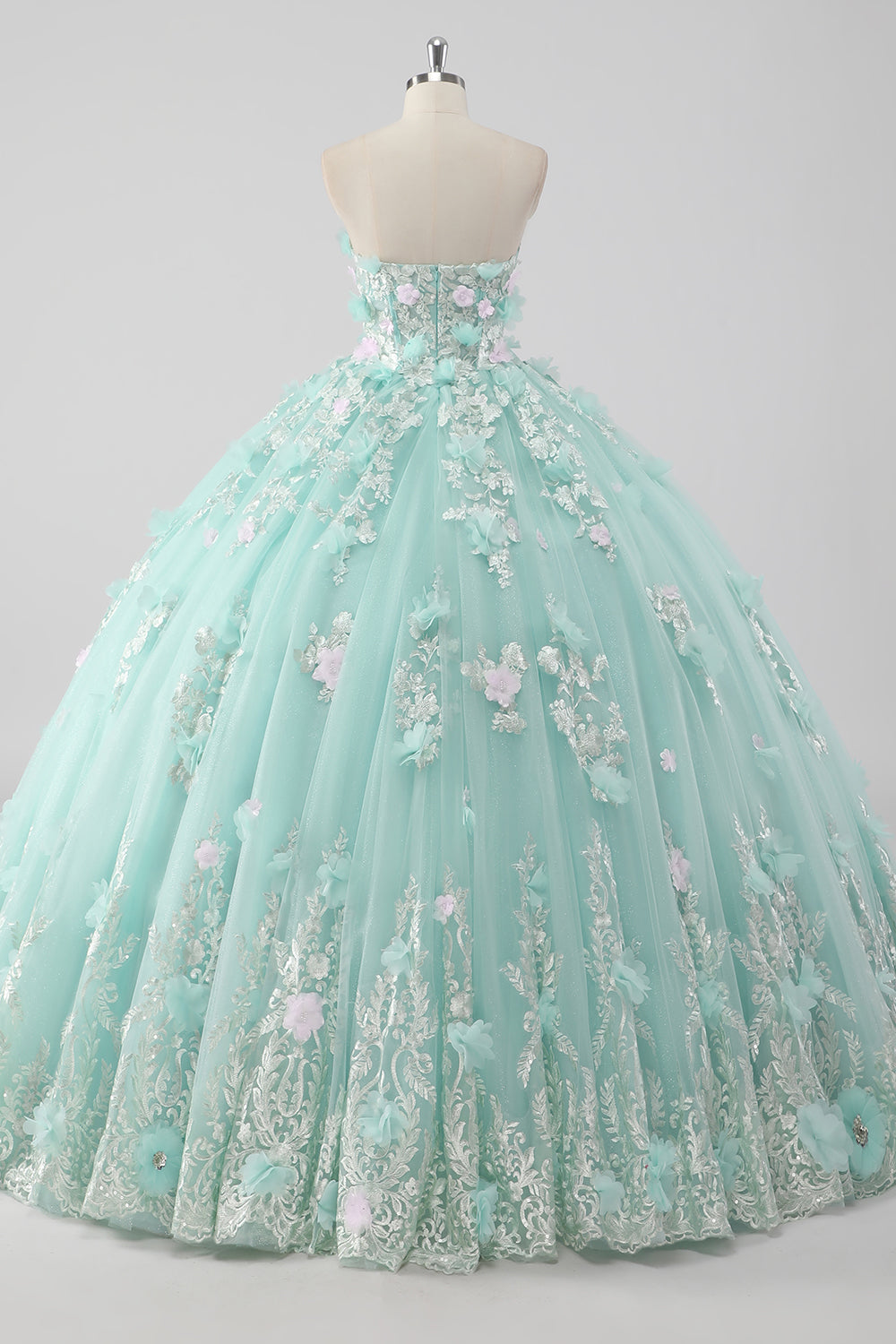 Princess Mint Ball Gown Strapless Tulle Quinceañera Dress with 3D Flowers