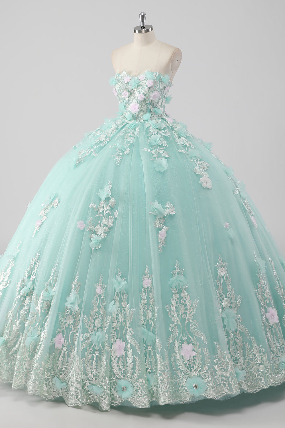 Princess Mint Ball Gown Strapless Tulle Quinceañera Dress with 3D Flowers