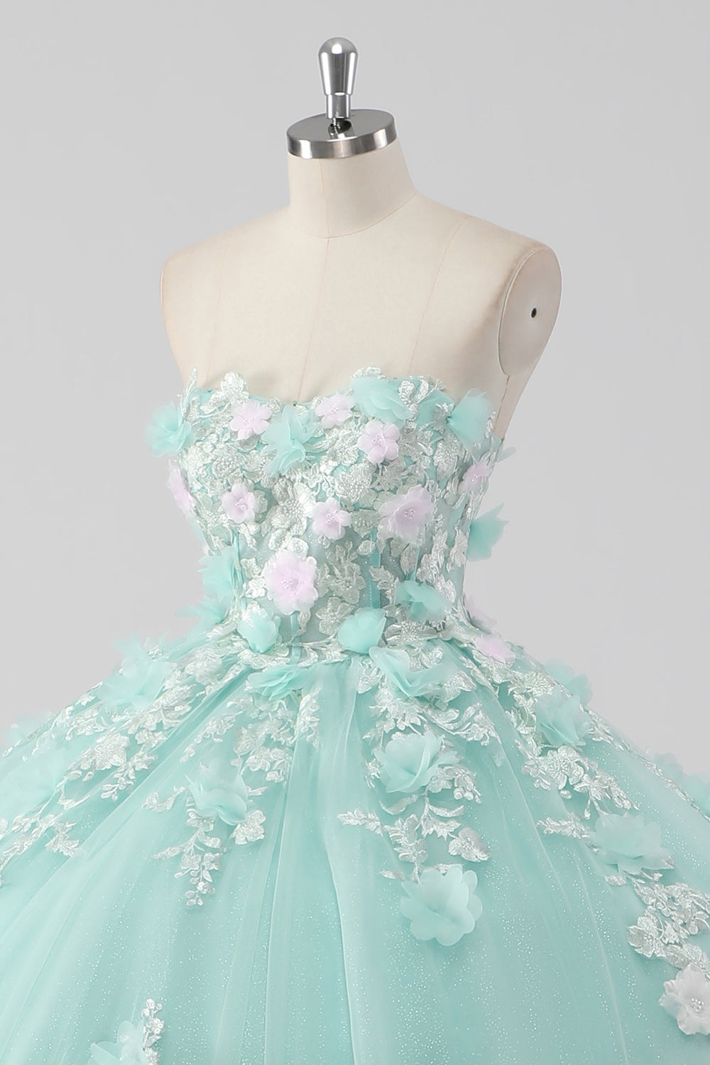 Princess Mint Ball Gown Strapless Tulle Quinceañera Dress with 3D Flowers