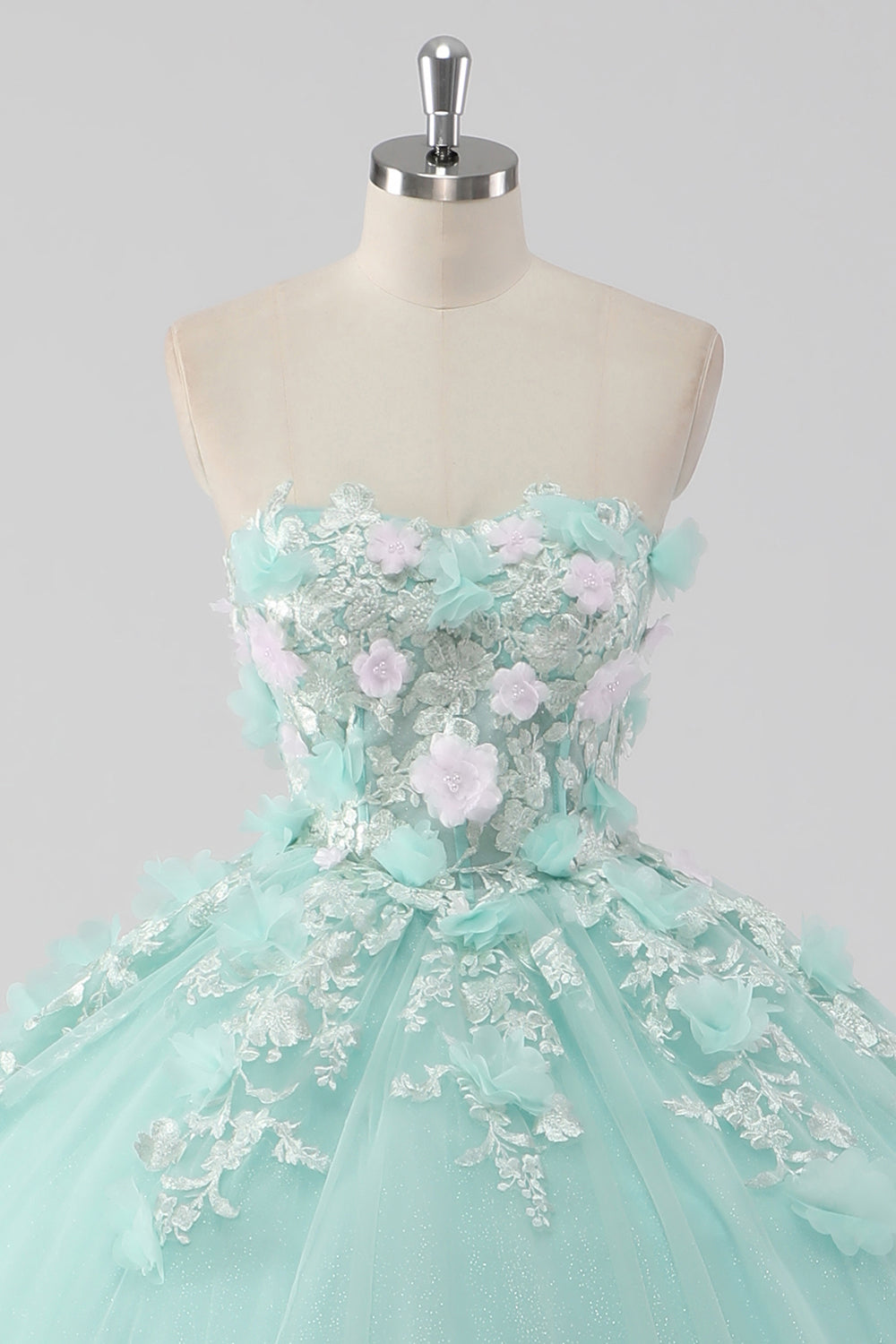 Princess Mint Ball Gown Strapless Tulle Quinceañera Dress with 3D Flowers