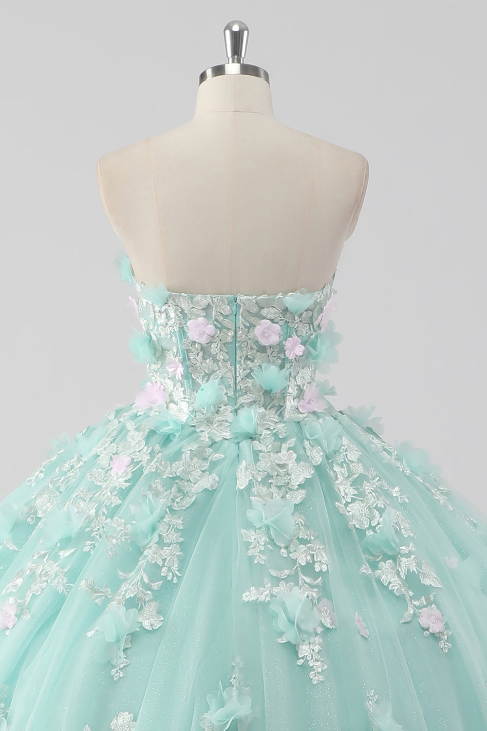 Princess Mint Ball Gown Strapless Tulle Quinceañera Dress with 3D Flowers