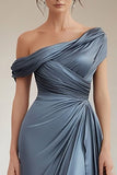 Dusty Rose Satin One Shoulder Sheath Mother of the Bride Dress with Ruffles