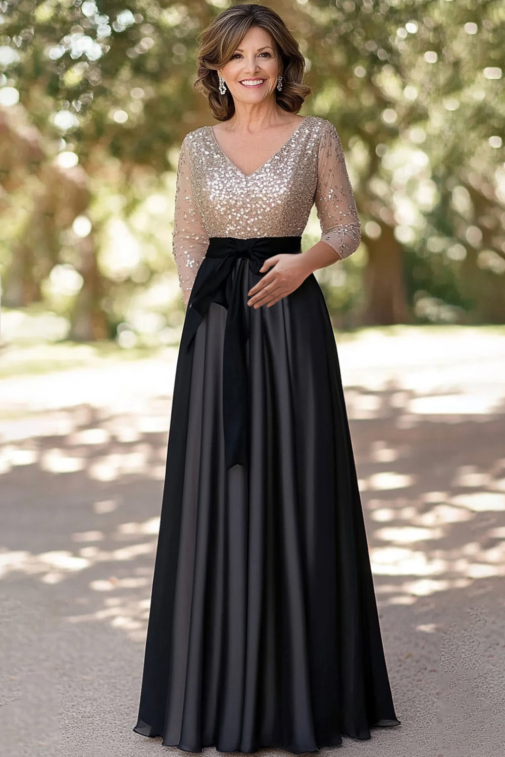 Champagne Black A-Line Mother of the Bride Dress with Bow