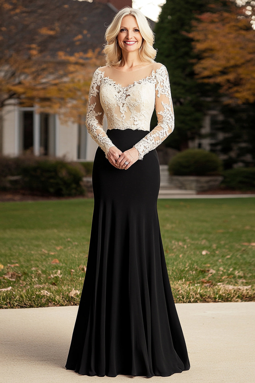 Champagne Black Sheath Long Sleeves Applique Mother of the Bride Dress