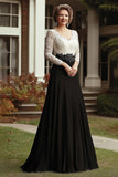 V-Neck Champagne Black A-Line Applique Mother of the Bride Dress