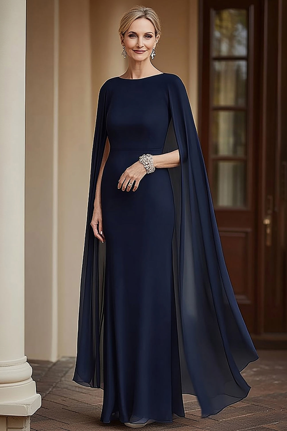 Navy Sheath Maxi Mother of the Bride Dress with Chiffon Cape