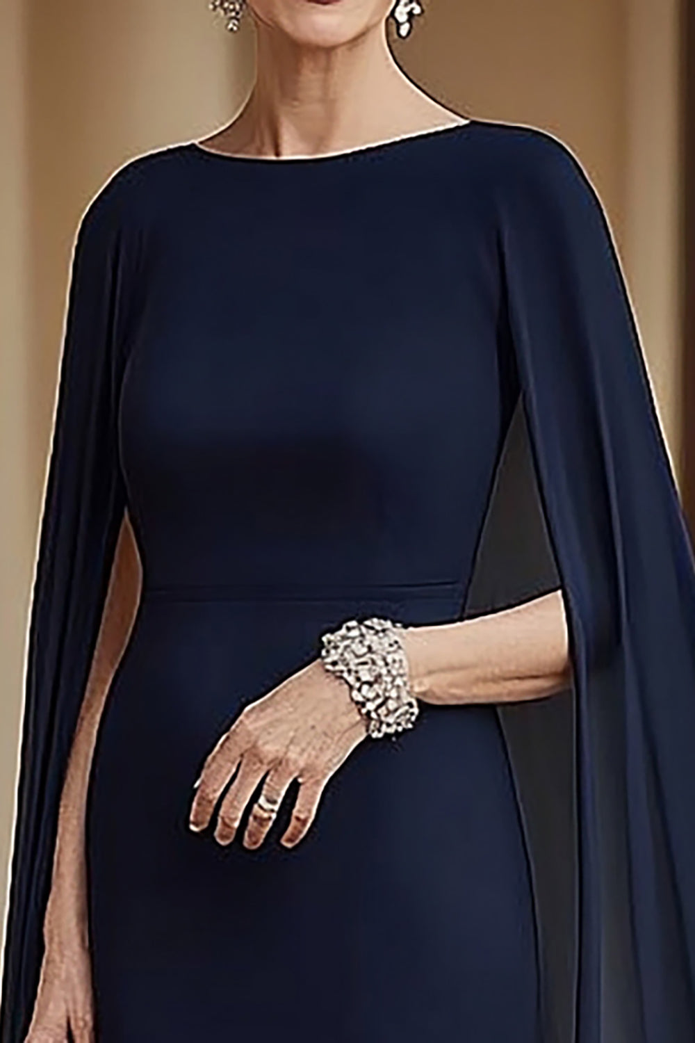 Navy Sheath Maxi Mother of the Bride Dress with Chiffon Cape