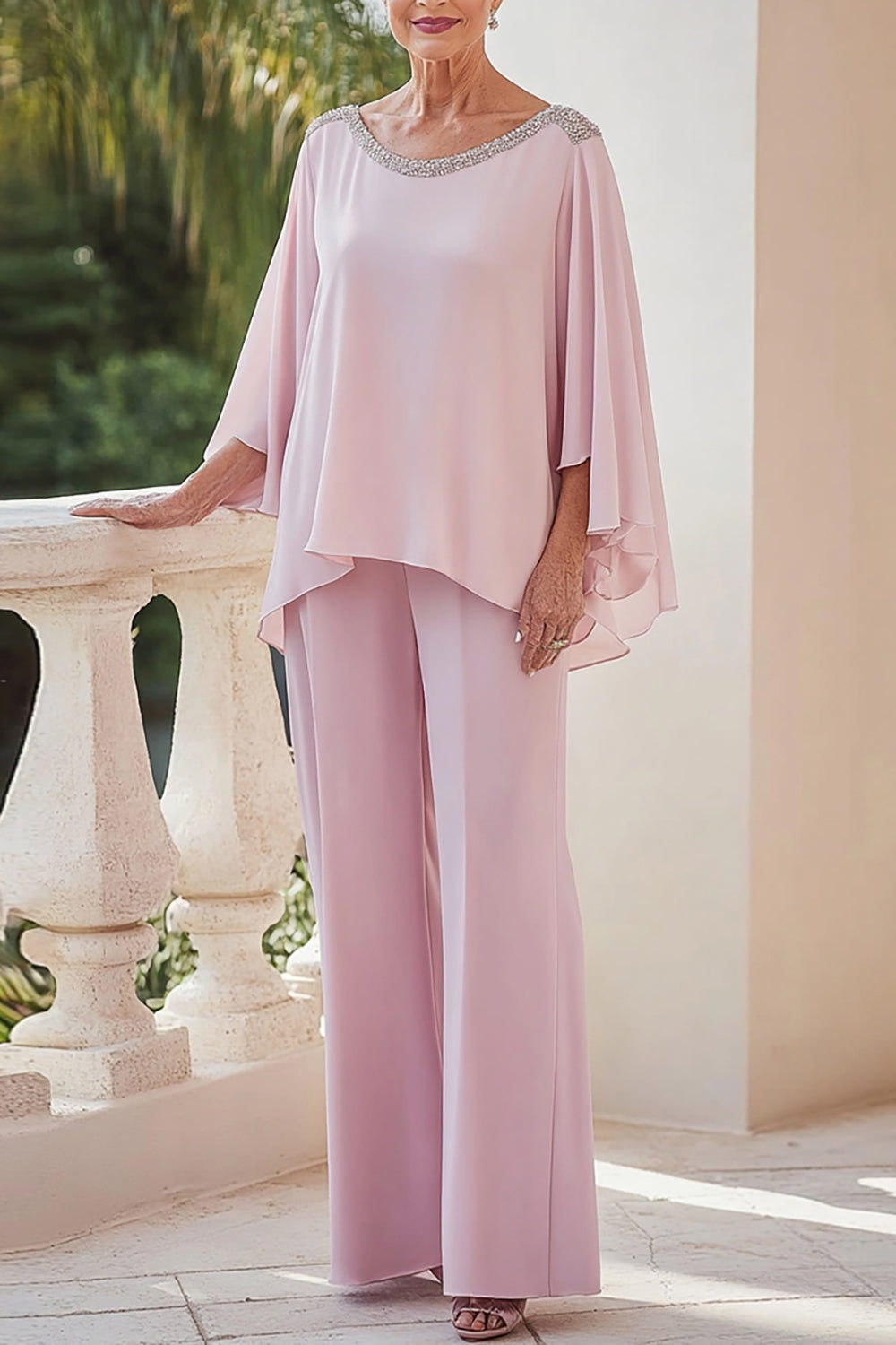 Pink Chiffon Flutter Sleeves Mother of the Bride Pantsuit with Beading