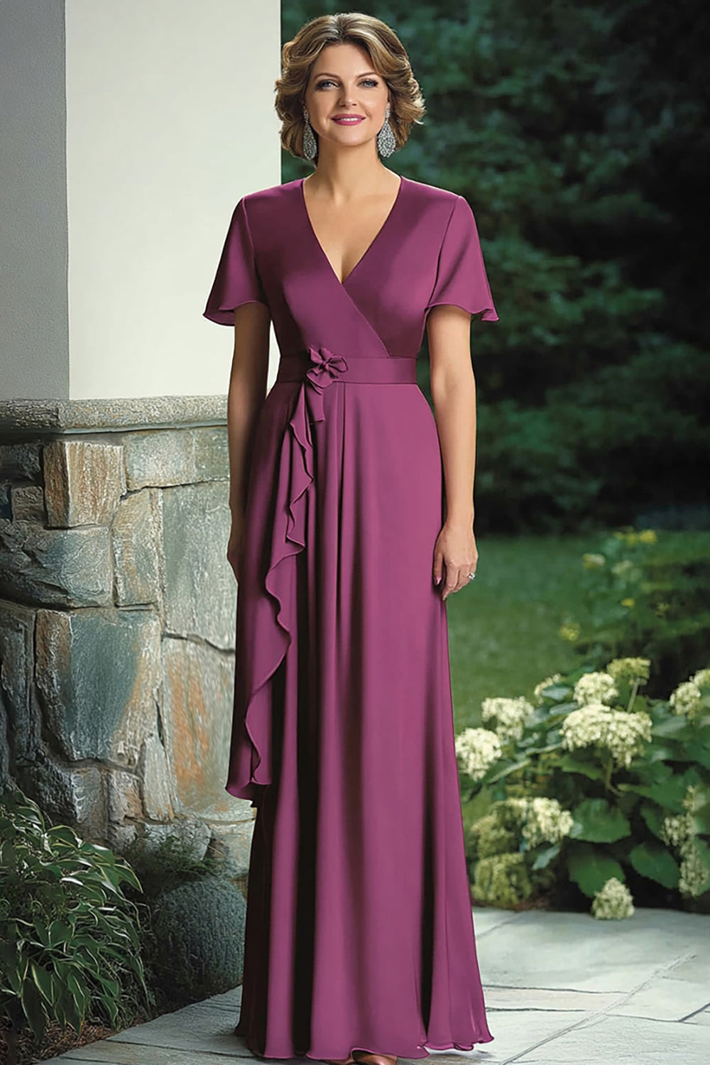 Purple V-Neck Satin A-Line Mother of the Bride Dress with Ruffle