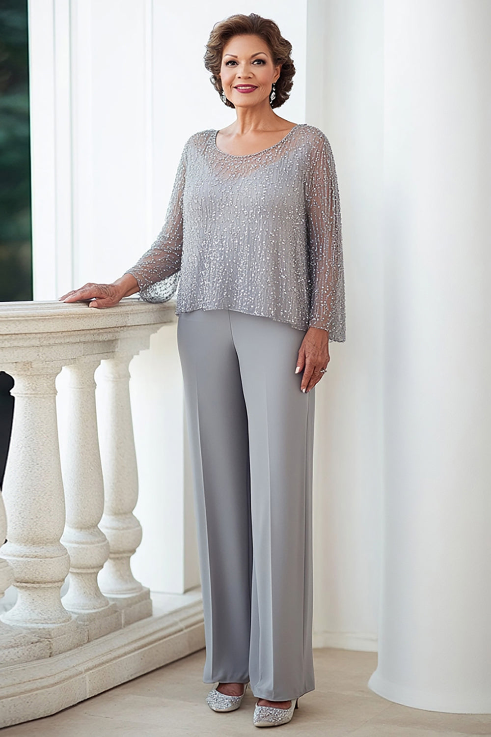 2 Piece Grey Chiffon Long Sleeves Mother of the Bride Pantsuit