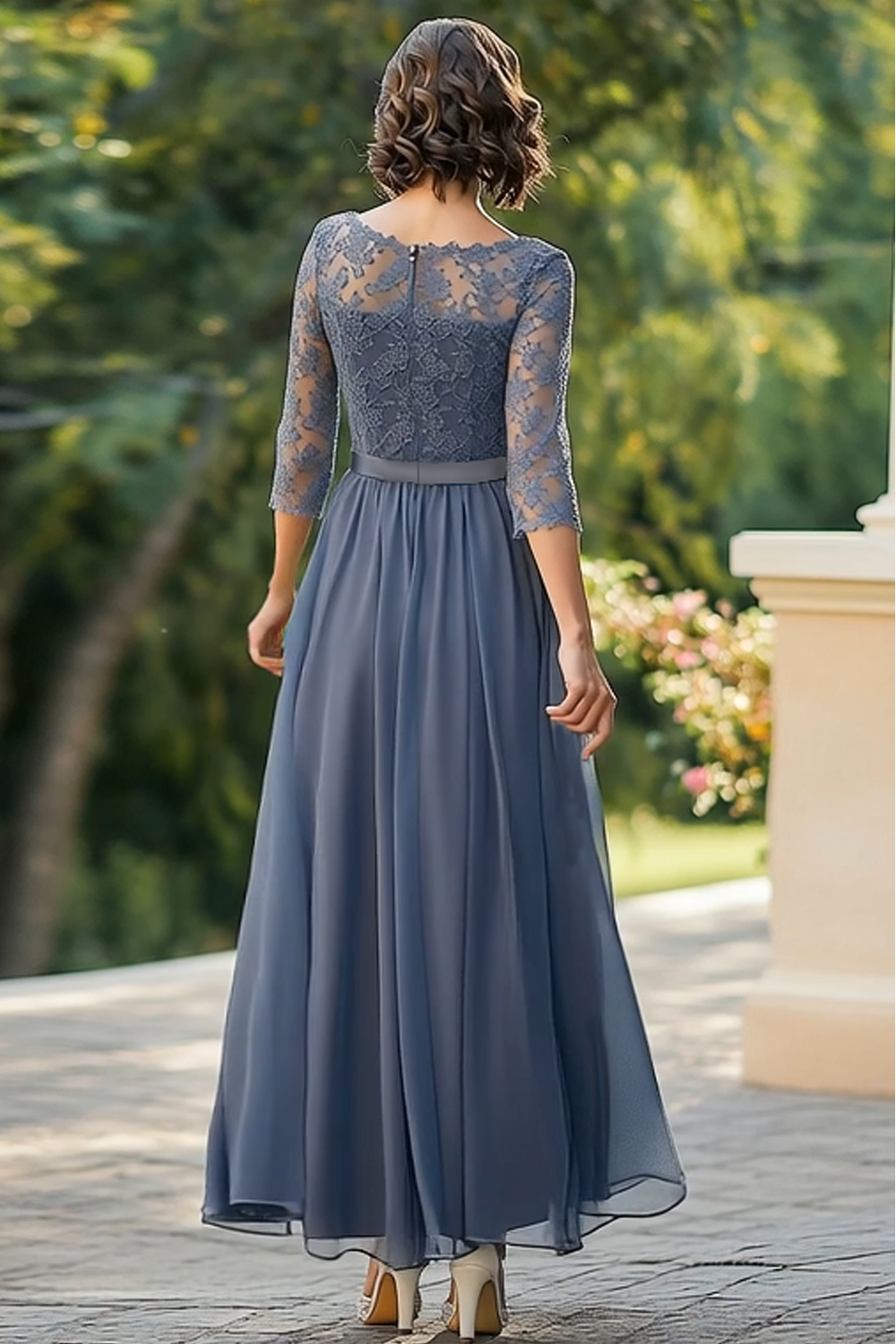 Dusty Blue Chiffon A-Line Mother of the Bride Dress with Lace Applique