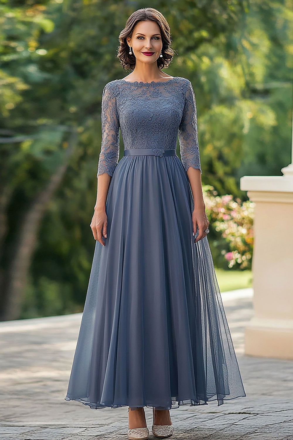 Dusty Blue Chiffon A-Line Mother of the Bride Dress with Lace Applique