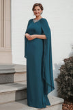 Peacock Sheath Maxi Mother of the Bride Dress with Chiffon Cape